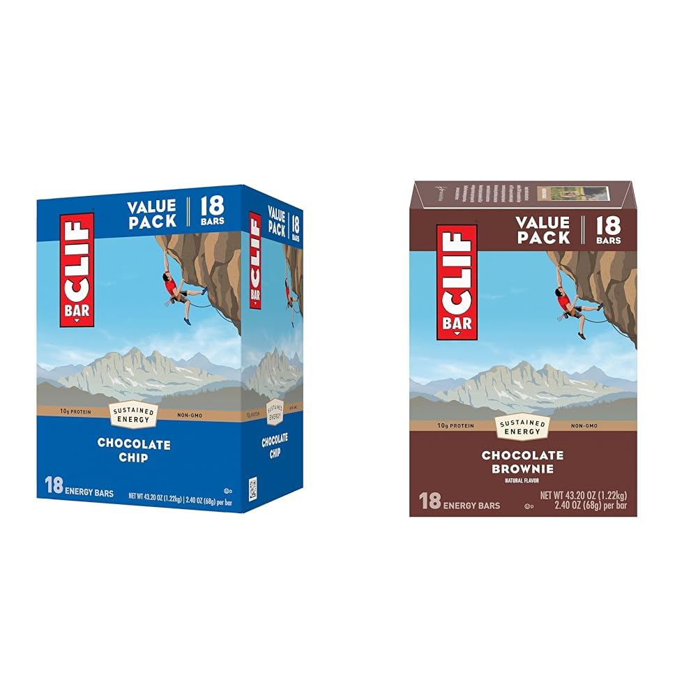 Clif Bar Chocolate Chip & Chocolate Brownie Flavor Energy Bars with Organic Oats, 10g Protein (18 Packs, 2.4 oz. Bars)