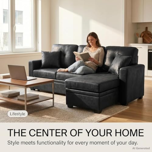 Image of 71 inch Black Convertible Sofa Bed, L-Shaped Pull Out Couch with Storage Chaise | TYBOATLE, Black Sleeper Sofa, Pull Out Couch Bed, Reversible Storage Chaise, Linen Fabric, Living Room, Apartment, Guest Room