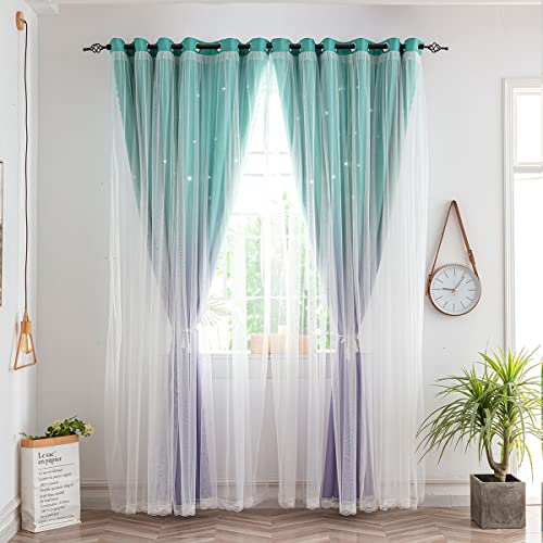 Image of Yancorp Kids Curtains for Girls Bedroom - Princess Panel for Daughter Room, 84 Inches Long, Star Design with Tieback & 3 Bowties (Purple Teal, W52*L84)