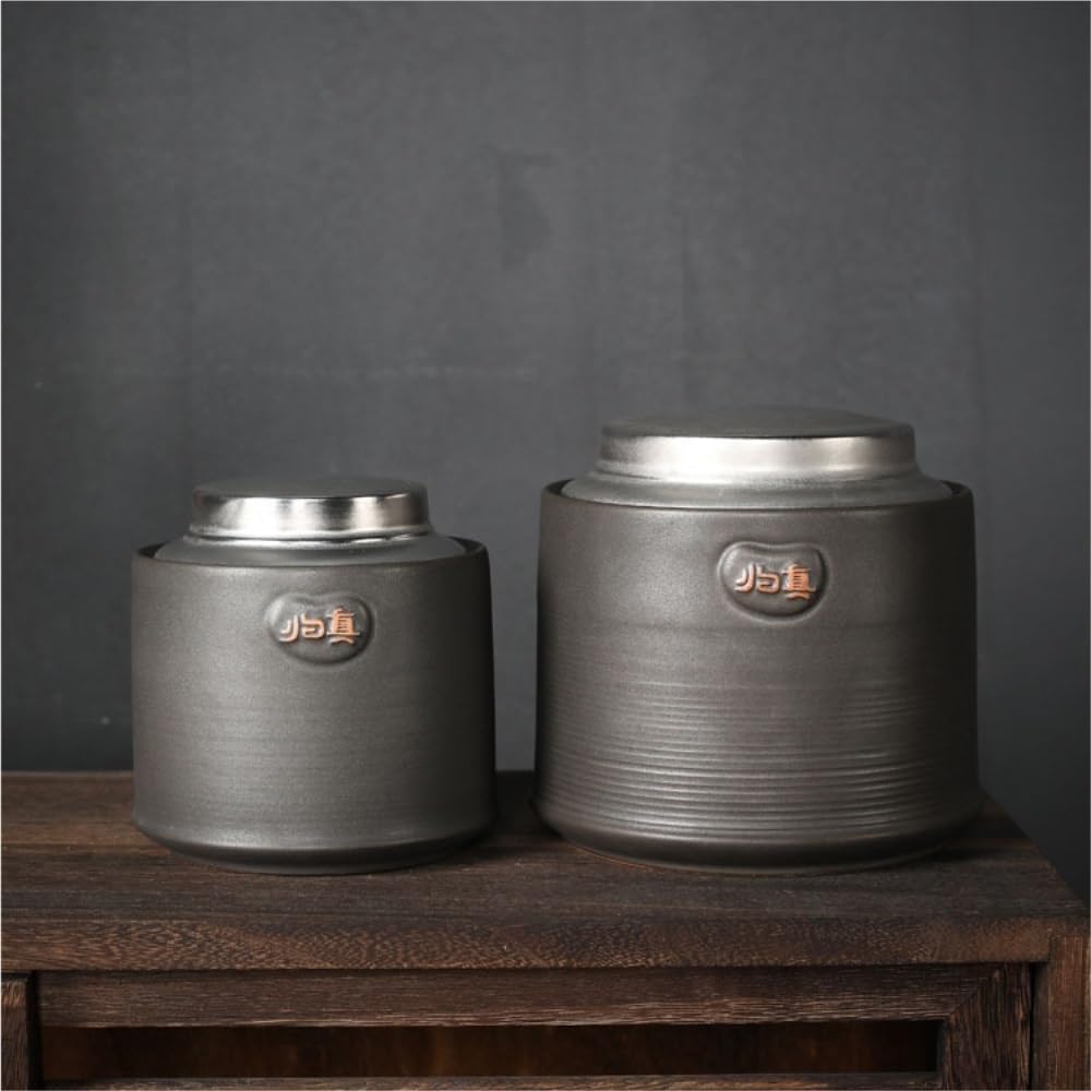 SONGCHAO Sugar Jar Retro Bulk Tea Storage Jar Ceramic Large Capacity Container Creative Double Layer Tin Lid Sealed Warehouse Tea Canister(B,Large)