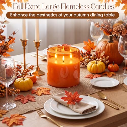 Image of Retisee 6'' x 6'' Extra Large Flameless Candles, 3 Wick Glass Large Fall Candles with Remote Control and Timer Function, Real Wax LED Pillar Flickering for Autumn Party Decor(Classic,Orange,1 Pcs)