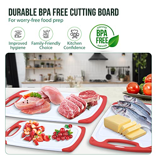 Tablas de Cortar de Plástico para Cocina con Agarre, Juego de 3 Tablas Antideslizantes y Aptas para Lavavajillas con Ranura para Jugos – Tablas Gruesas y Duraderas para Carnes y Verduras de My Prime Kitchen, Rojas miniatura 5