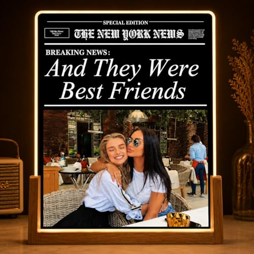 Image of Friendship Day Custom Photo Collage LED Lamp, Personalised Acrylic Night Light for Best Friends, Warm White, Wooden Base, Touch Control, Modern Style (Bestie 9)