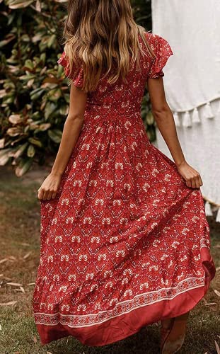 Zesica Women's 2023 Bohemian Floral Printed Wrap V Neck Short Sleeve Split Beach Party Maxi Dress,Red2,Large #TOP3