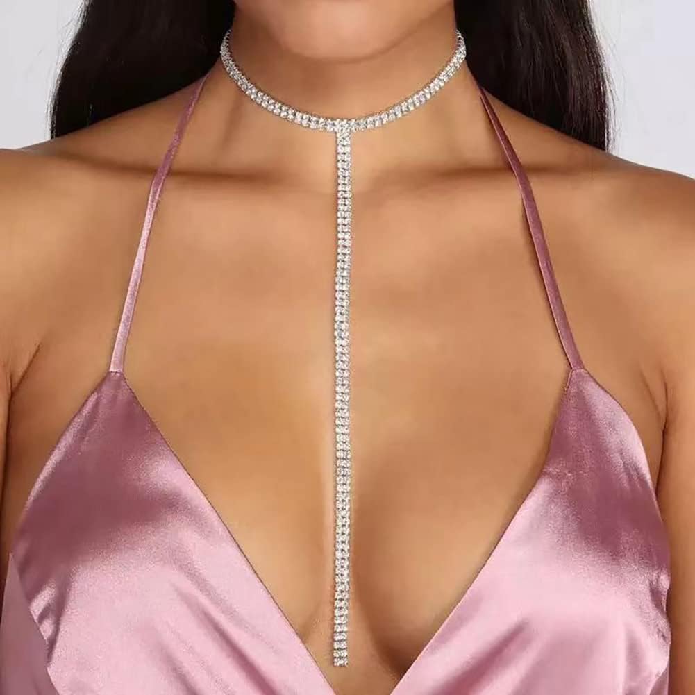 Carufin Multi Row Long Necklace Silver Crystal Tennis Chain Rhinestones Choker Necklace Jewelry for Women and Girls (2 rows) - Image 3