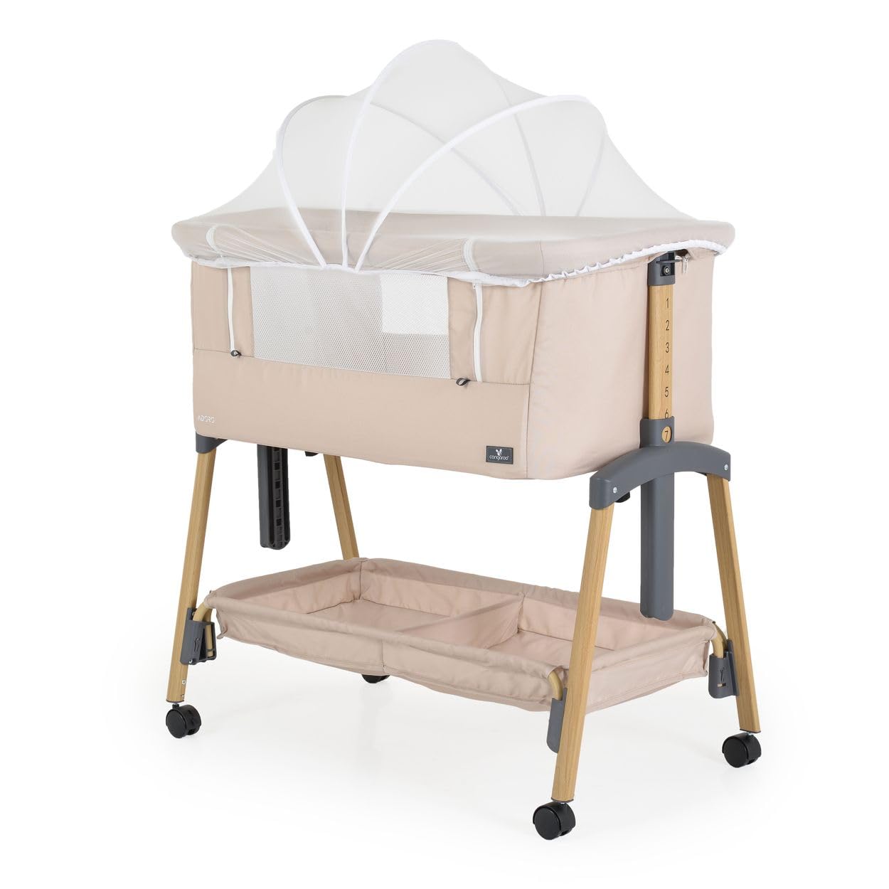 Canguro lettino, culla Adoro, regolabile, materasso, zanzariera, ruote, colorazione:beige
