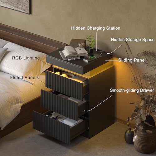 Image of Fluted Nightstand with Hidden Charging Station, LED Light, USB Ports, AC Outlets, Sliding Top, 3 Drawer Storage, Modern Bedside Table for Bedroom, Black