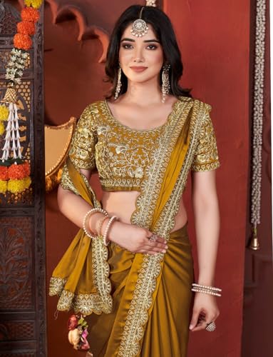 Image of DHARMEE Women's Elegant Designer Sarees Premium Rangoli Fabric with Embellished Border, Lightweight and Stylish Ethnic Wear - Perfect for Parties, Weddings, and Festive Occasions..