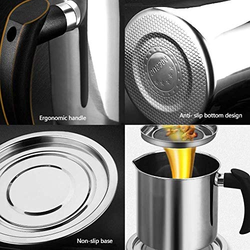 Recipiente de aceite usado con colador de malla, olla de grasa de acero inoxidable para cocina, ideal para almacenar grasa de cocina y aceite de tocino, diseño de filtro fácil