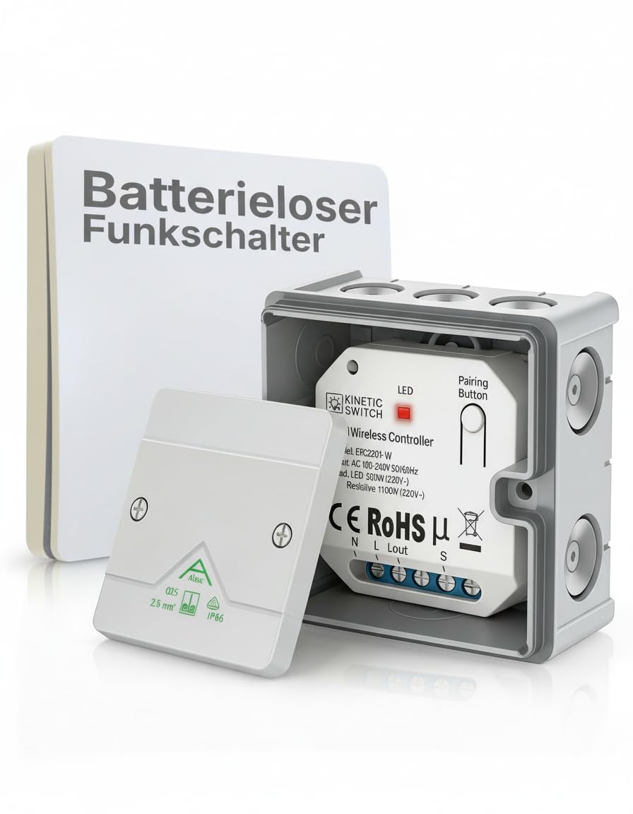 Funklichtschalter Set Outdoor batterieloser Schalter IP65 & smarter Kompakt-Empfänger auch über tuya App sowie Amazon Alexa und Google Home steuerbar (weiß)