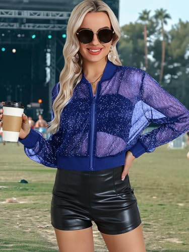 Nlife Women Sheer Mesh Sparkly Crop Bomber Jacket See Thru Glitter Rave Festival Clubwear Night Out Party Concert Outfit