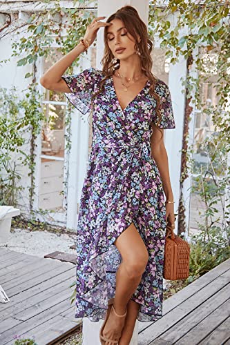 PRETTYGARDEN Women's Summer Floral Boho Maxi Dress Wrap Short Sleeve V Neck Ruffle A-Line Flowy Wedding Guest Long Dresses