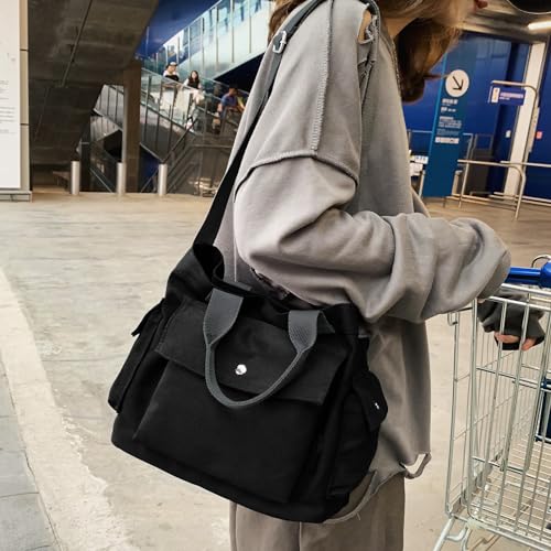 Image of Canvas Messenger Tote Bag Large Hobo Crossbody Bag with Multiple Pockets Casual Shoulder Handbag for Women and Men