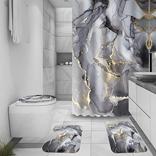 Rlhhug Black Gray Gold Marble Bathroom Sets With Rugs For Bathroom Decor, 72X72 Inches Gold Shower Curtain With Non-Slip Rugs And Accessories, Waterproof Machine Washable Bath Curtain #TOP2
