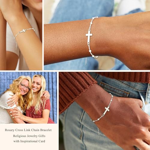 Image of Christian Gifts for Women Girls 925 Sterling Silver Rosary Cross Link Chain Bracelet Baptism Communion Confirmation Religious Jewelry Gifts with Inspirational Card