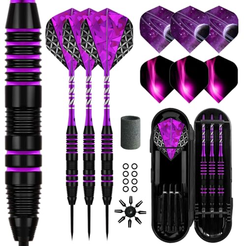Lavishio Professionelles Dart-Set mit Stahlspitze, 3 Aluminium-Schäfte, Stahlspitze, professionelles Dart-Set mit Stahlspitze, 3 zusätzliche Dart-Flights, 3 Ersatz-Kunststoff-Schäfte (Black Purple)