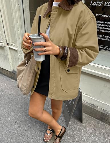 Boost Your Style - Top 15 Barn Jackets Ladies Love! Stylish & Functional Outerwear for Your Active 50+ Lifestyle 5 ZESICA Women's Trendy Casual Oversized Barn Jackets 2026 Spring fall Lightweight Contrast Collar Zip Up Cotton Cargo Coat,Khaki,Medium