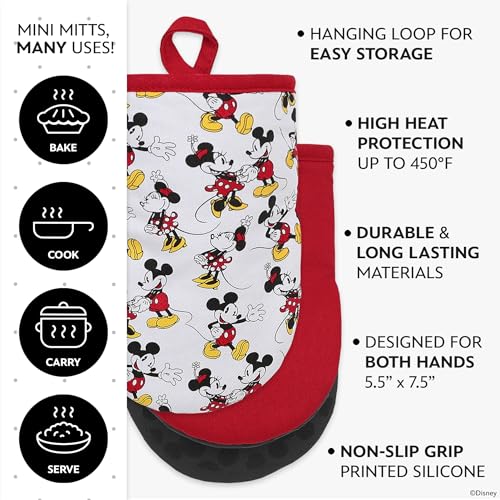 Image of Disney Mickey & Minnie Mini Oven Mitts, 2-Pack, Heat Resistant 450F | Compact 5.5 inchx7.5 inch pot holders for kitchen, printed silicone offers non-slip grip, ambidextrous,hand wash or spot clean