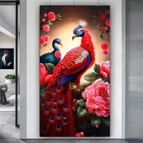 Kit broderie peinture diamant paon rouge 5D : toile grand format haut de gamme