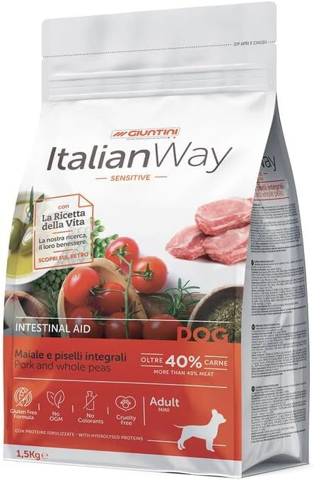 Italian Way Crocchette per Cani di Piccola Taglia Intestinal AID Sensitive Maiale e Piselli Integrali Adult Small 1,5kg