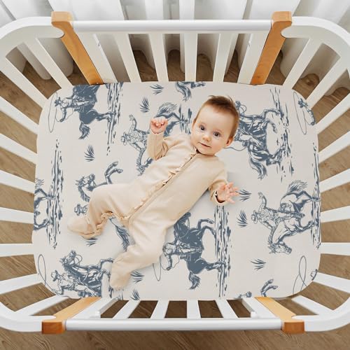 Image of Cowboys Horse Western Crib Sheets Soft Breathable Fitted Baby Crib Sheets Mattress Cover for Girl Boys, 52 inch x 28 inch x 9 inch