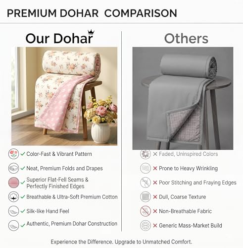 Image of HOMEKART Luxury Cotton Dohar Blanket for Single Bed | Ultra Soft Reversible AC Quilt | Floral Printed Lightweight Summer Blanket | 58x88Inches (Terracotta Pink)