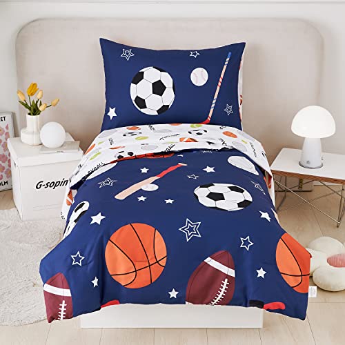 URBONUR 4-Piece Toddler Bedding Set - Ultra Soft Sports Series Baseball Football Basketball Boys Toddler Comforter Set Navy - Include Comforter, Flat Sheet, Fitted Sheet and Reversible Pillowcase