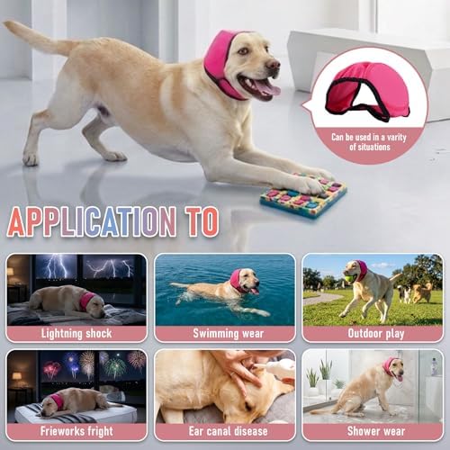 Dog Head Wrap - No Shake Ear Wrap Snood for Noise & Anxiety Relief, Ear Protector with Calming Hoodie, Dog Headband Ear Muffs for Hematoma, Grooming and Drying (Rose Red, M(Head Circle:14"-19")) - 5