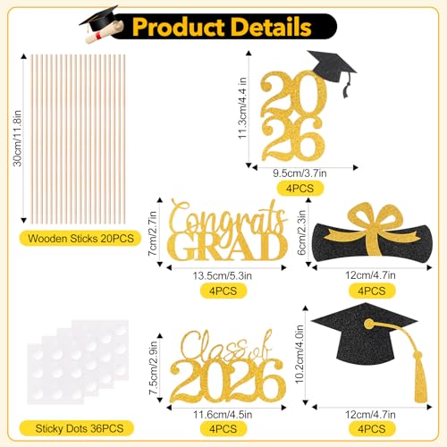 Image of Graduation Decorations 2026, 20 PCS Sparkling Black and Gold Double-Sided Centerpiece Sticks for Tables, Class of 2026 Table Toppers and Party Supplies
