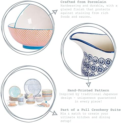 Nicola Spring 24 Piece Hand-Printed Dinner Set - Patterned Porcelain Crockery Plates Bowls Mugs - Blue