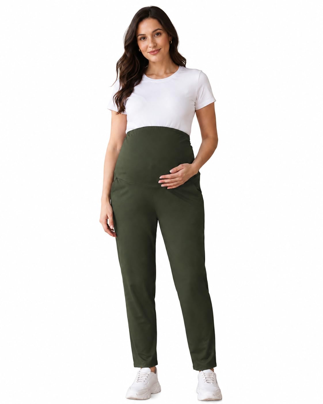 Women's Maternity Track Pant, Olive, High Rise, Straight Fit, Side Pockets, Elasticised Waist-image-44