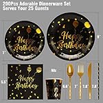 200 pieces of black and gold birthday party supplies, disposable happy birthday tableware set, gold plastic knives, forks, spoons, straws. Birthday themed tray, cup,25Guests (black) - Image 2