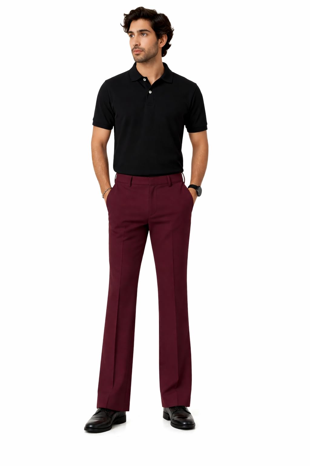 Pentoa Men's Four-Way Lycra Blend Trouser, Burgundy, Flat Front, Bootcut Fit, Formal Dress Pants-picture-54