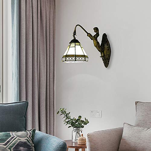 Xindar Tiffany Wall Sconce Lamp, 9 Inches Glass Mirror Front Light Fixture Bedroom Beside Wall Light With Mermaid Lamp Arm (Green) #TOP2