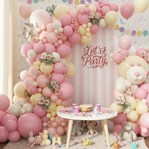 Image of Pink and Yellow Balloon Arch Garland Kit 157pcs, Pastel Pink Light Pink Yellow Sand White Balloons Arch Kit for Birthday Baby Shower Bridal Shower Wedding Bee Bear Themed Party Decorations