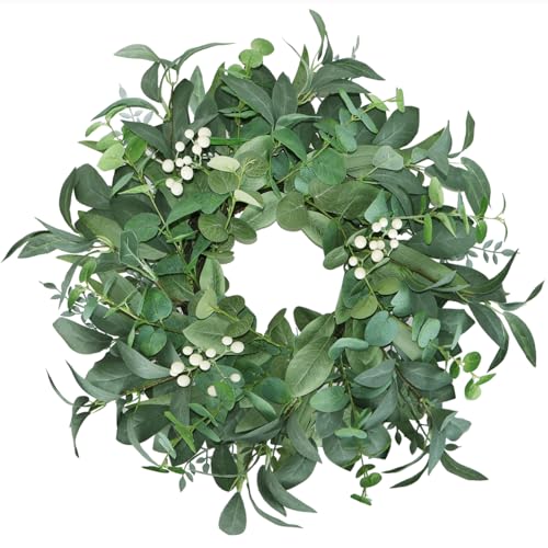 BINFEN 20"-22“ Green Eucalyptus Wreaths for Front Door with White Berries – Lifelike Spring, Summer, and Winter Wreath for Farmhouse Front Porch, Window, Door Decor