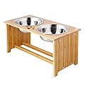 FOREYY Raised Dog Bowls for Cats and Dogs - Bamboo Elevated Dog Cat Food and Water Bowls Stands Feeder Dishes with 2 Stainless Steel Bowls and Anti Slip Feet (Large - 25.4 cm high)