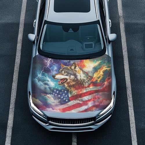 Image of Car Hood Cover 59x39 Inch Stretchable Wolf and American Flag Print Auto Hood Wraps Waterproof Auto Outdoor Decorations for Compact Sedans SUV Trucks Minivan