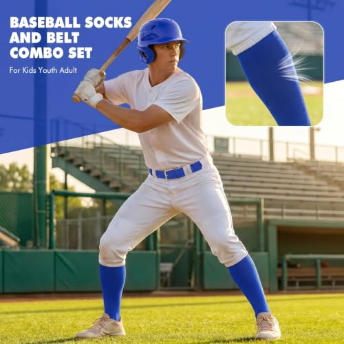 Image of WHIPPY Baseball Socks and Belt Combo Set Knee-High Softball Socks & Adjustable Elastic Belt for Kids Youth Adult