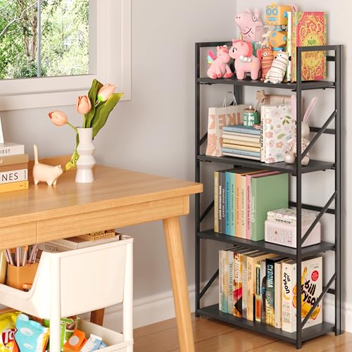 Image of JSB No Assembly Folding Bookshelf, 4 Tier Industrial Metal Book Shelf for Storage, Vintage Wood Foldable Bookcase for Living Room, Bedroom, Office Organization Shelves