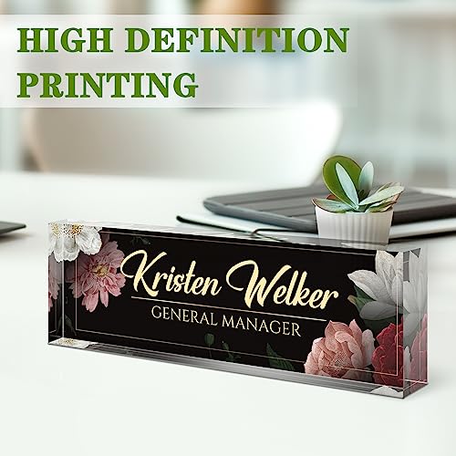 Image of Name Plate for Desk, Desk Name Plate Personalized, Office Decor for Women Men, Acrylic Desktop Accessories, Office Appreciation Gifts for Boss Social Workers Nurse Teacher Employee (Black /Flowers)