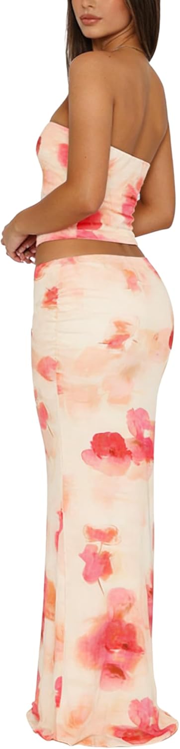 Two Piece Skirt Set Summer Floral StraplessTube Tops for Women Bodycon Maxi Skirts Y2k Vacation Beach Going Out