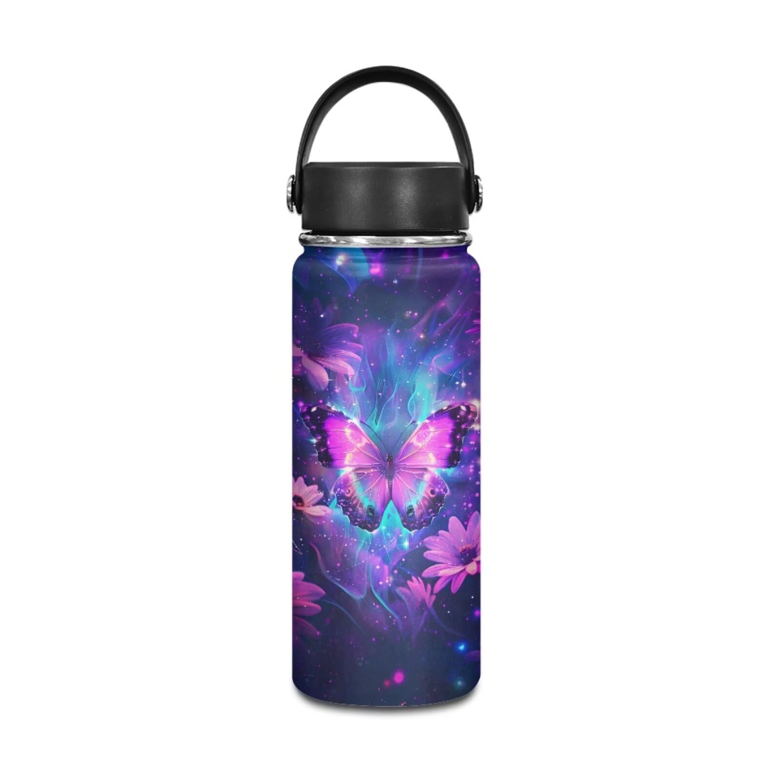 Hinthetall Floral Butterfly Water Bottle with Lip 18 OZ Vacuum Insulated Stainless Steel Water Bottle for Women Girls Wide Mouth Water Jug for Fitness, Gym and Outdoor Sports, Leak-proof
