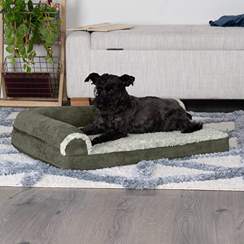 Image of Furhaven Cooling Gel Dog Bed for Medium /Small Dogs w / Removable Bolsters & Washable Cover, For Dogs Up to 35 lbs - Two-Tone Plush Faux Fur & Suede L Shaped Chaise - Dark Sage, Medium