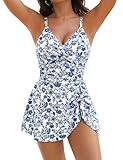 Blooming Jelly Womens One Piece Swim Suit Tummy Control Slimming Swimsuit Ruched Curvy 2026 Swim Dress (M, Blue Floral)
