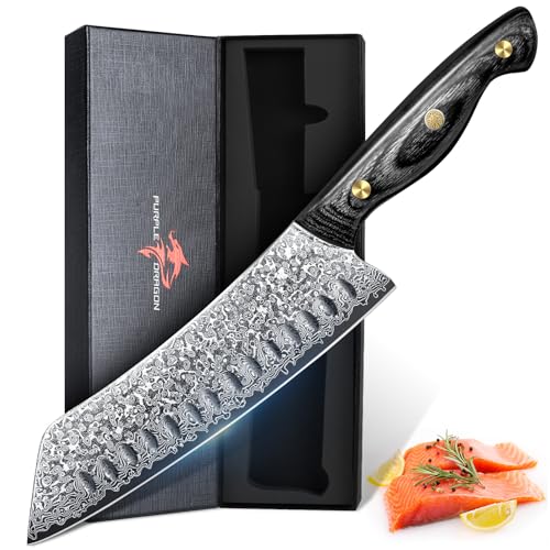 Purple Dragon Damaskus Kiritsuke Messer 7 Zoll, Messer mit scharfem Rand und Holzgriff Hand geschmiedete Kochmesser für den Hausgebrauch, Fleisch...