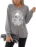 VKEGNIO Women's Cut Out Halloween Sweatshirt Gothic Skull Graphic Sweatshirt Long Sleeve Tshirts Crewneck Pullover Tops (X-Large, Gray2)