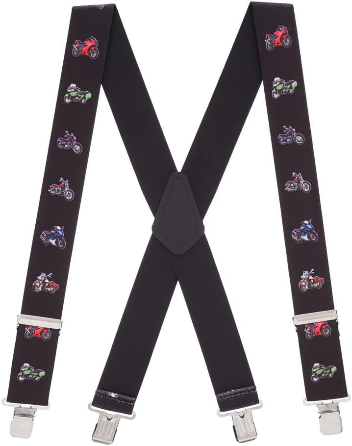 Suspender Store Novelty Motorcycle Design Suspenders - 2-Inch Wide Elastic - X-Back - Clip - 3 Sizes