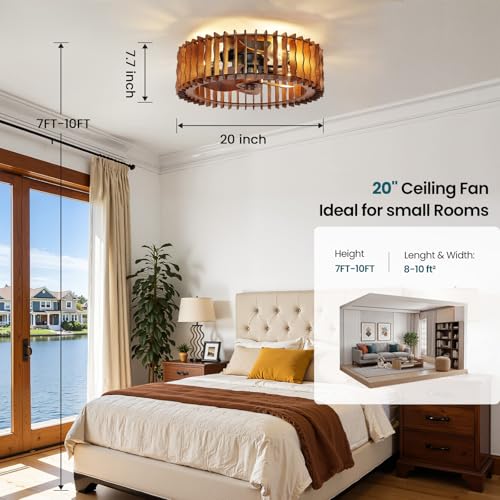 Image of 20 inch Flush Mount Ceiling Fan with Light, Wooden Caged Low Profile Fandelier with Remote, 6-Speed Reversible Bladeless Fan, Farmhouse Ceiling Fan for Bedroom, Kitchen, Living Room