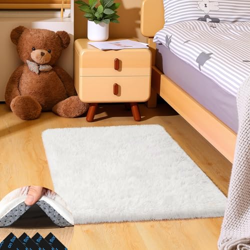 Image of Mhyup 2x3 Cream White Rugs for Bedroom Living Room, Fluffy Small Area Rug Soft Shag Carpet for Kids Boys and Girls Room with 4 Rugs Non-Slip Stickers Dorm Home Decor (2ft x 3ft)